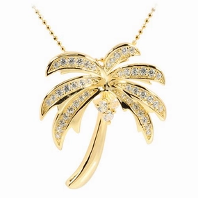 Sterling Silver Yellow Gold Plated Palm Tree Pave CZ Pendant (Chain Sold Separately)