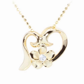 Sterling Silver Yellow Gold Plated Plumeria with CZ in Floating Heart Pendant (Chain Sold Separately)