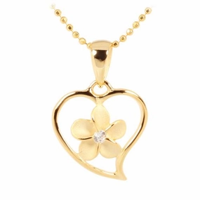 Sterling Silver Yellow Gold Plated Plumeria with CZ in Heart Pendant (Chain Sold Separately)