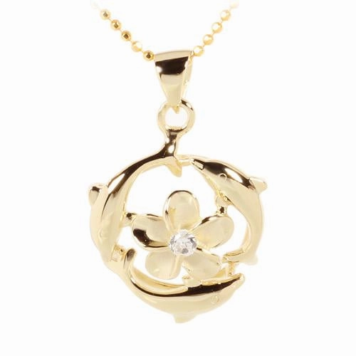 Sterling Silver Yellow Gold Plated Plumeria with CZ in Swimming Dolphins Pendant (Chain Sold Separately)