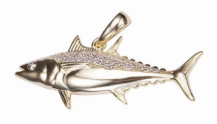 Sterling Silver Yellow Gold Plated Tuna Fish Pave CZ Pendant (Chain Sold Separately)