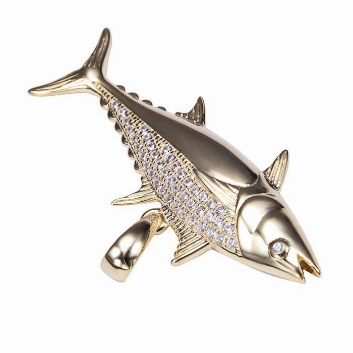 Sterling Silver Yellow Gold Plated Tuna Fish Pave CZ Pendant (Chain Sold Separately)