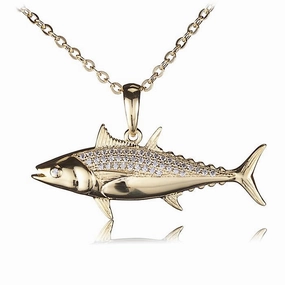 Sterling Silver Yellow Gold Plated Tuna Fish Pave CZ Pendant (Chain Sold Separately)