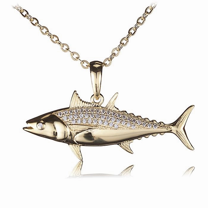 Sterling Silver Yellow Gold Plated Tuna Fish Pave CZ Pendant (Chain Sold Separately)