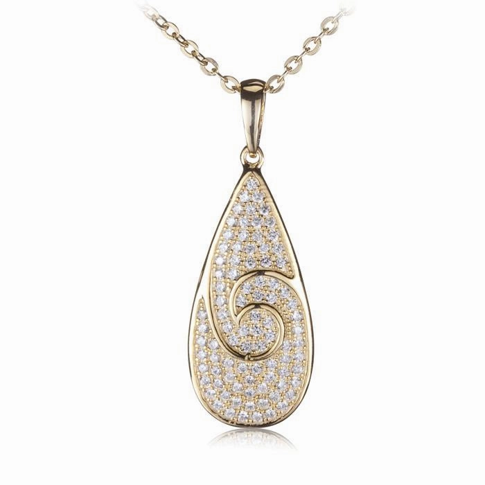 Sterling Silver Yellow Gold Plated Wave Pave CZ Teardrop Pendant (Chain Sold Separately)