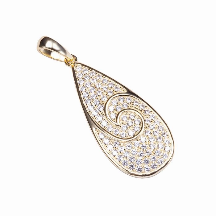 Sterling Silver Yellow Gold Plated Wave Pave CZ Teardrop Pendant (Chain Sold Separately)