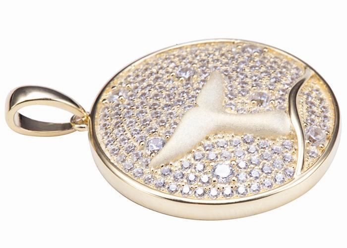 Sterling Silver Yellow Gold Plated Whale Tail in Circle Pave CZ Pendant (Chain Sold Separately)
