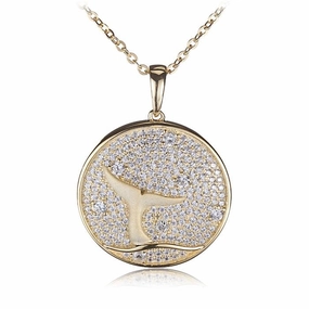Sterling Silver Yellow Gold Plated Whale Tail in Circle Pave CZ Pendant (Chain Sold Separately)