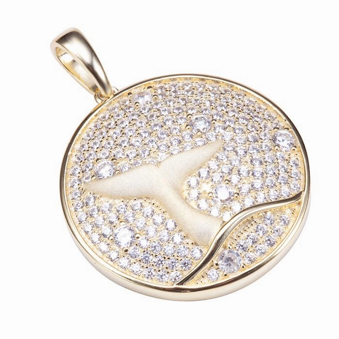 Sterling Silver Yellow Gold Plated Whale Tail in Circle Pave CZ Pendant (Chain Sold Separately)