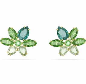 Swarovski Gema Yellow Gold Tone Plated Green Flower Stud Earrings