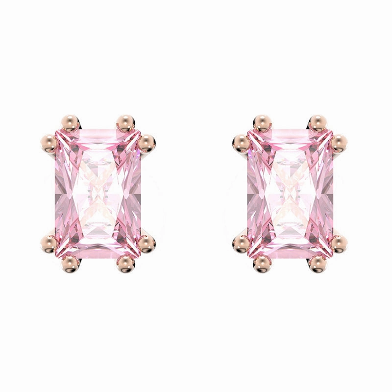 Swarovski Stilla Rose Gold Tone Plated Pink Crystal Cushion Cut Stud Earrings