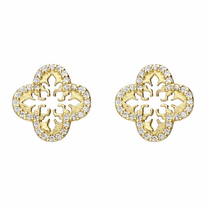 Sylva Yellow Gold Sterling Silver Plated Decorative Cross Stud Earrings