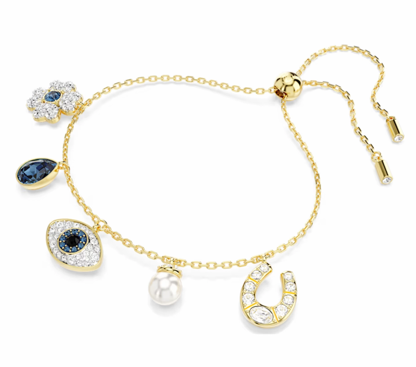Symbolica Clover, Evil Eye, Horseshoe, Blue & Gold Tone Bracelet