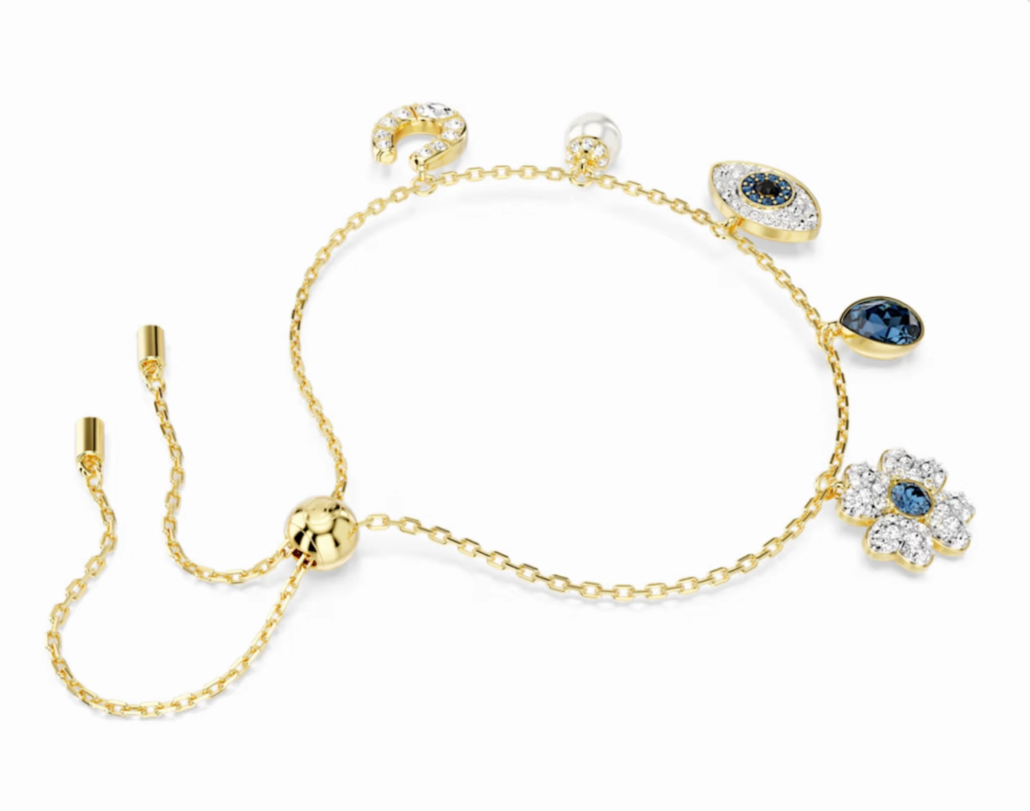 Symbolica Clover, Evil Eye, Horseshoe, Blue & Gold Tone Bracelet