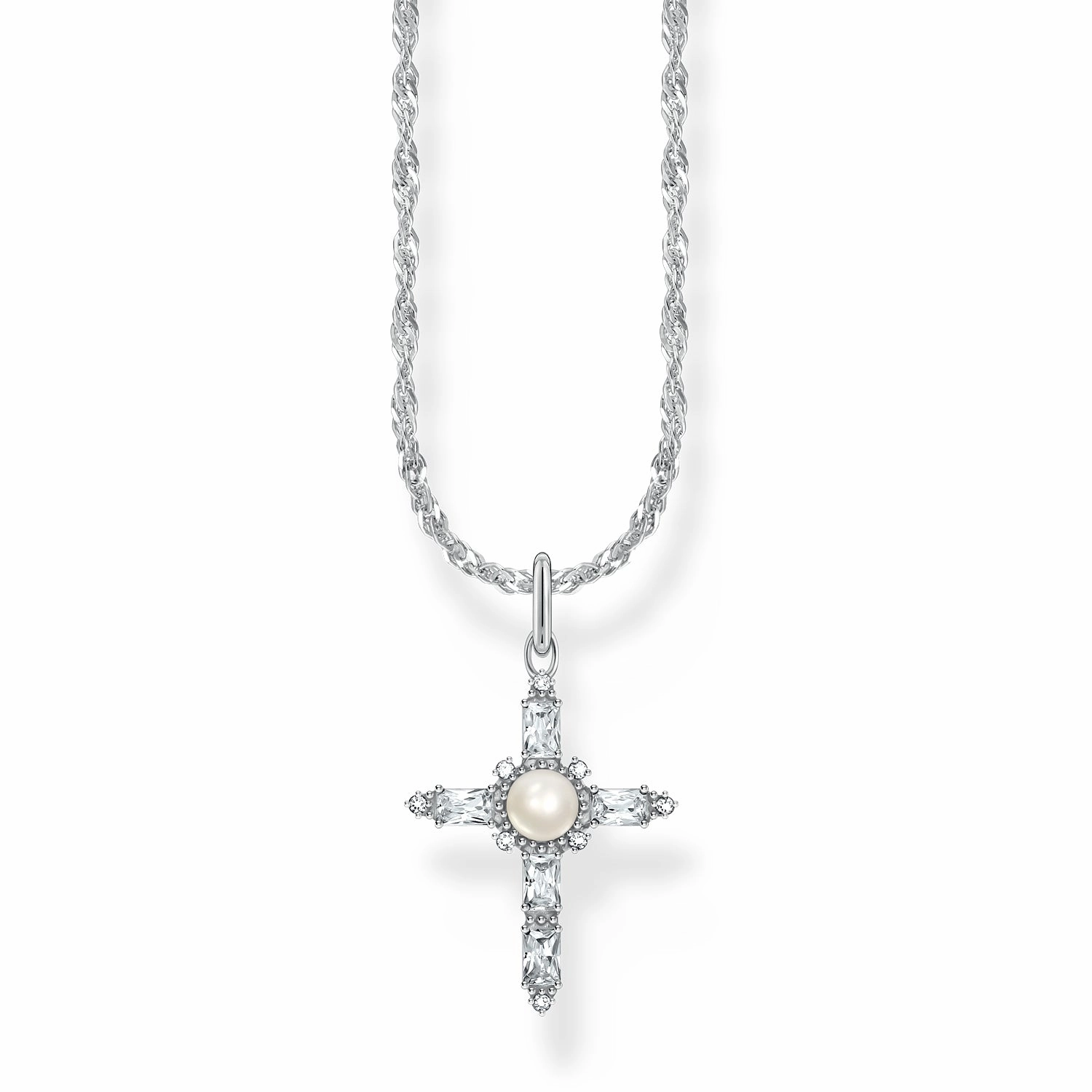 Thomas Sabo Sterling Silver True Romance Cubic Zirconia Pearl Cross Pendant On 40 45cm Chain