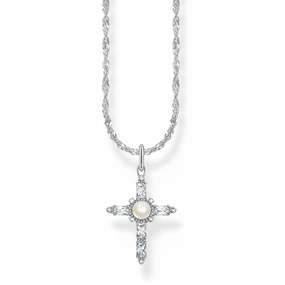 Thomas Sabo Sterling Silver True Romance Cubic Zirconia Pearl Cross Pendant On 40 45cm Chain