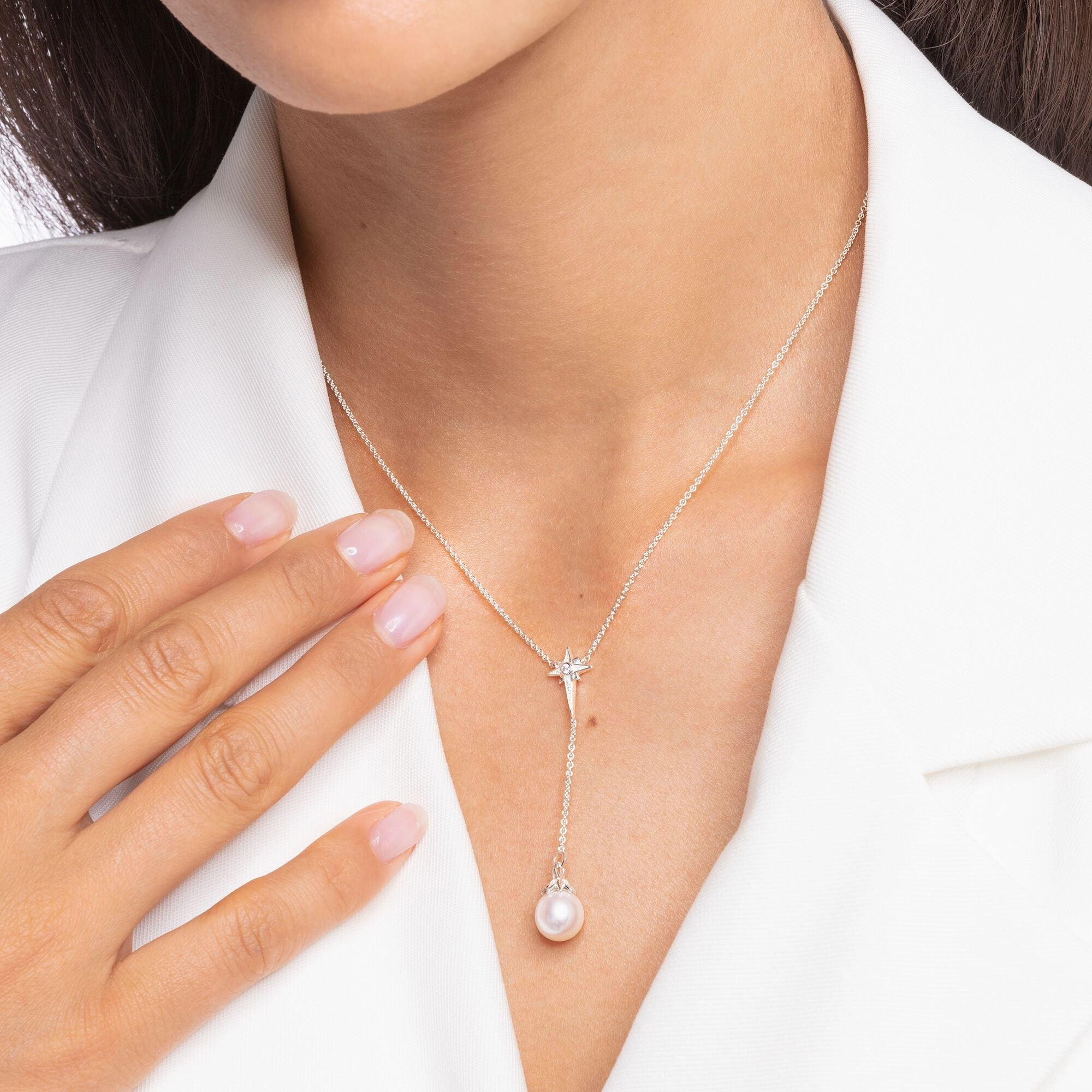 Thomas Sabo Sterling Silver White CZ Pearl Drop Necklace