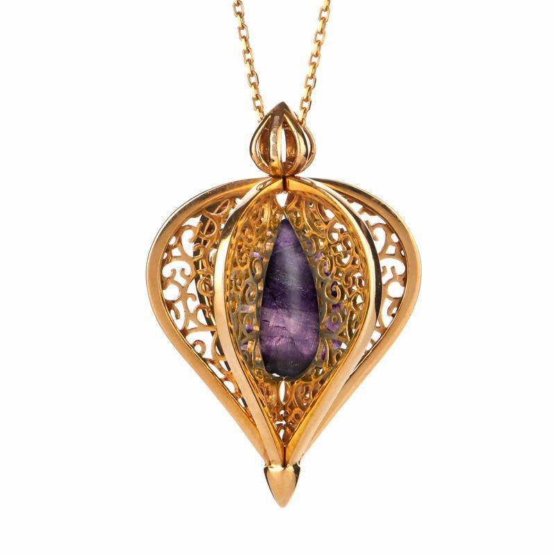 Yellow Gold Plated Sterling Silver Blue John Flore Filigree Droplet Necklace