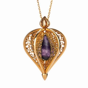 Yellow Gold Plated Sterling Silver Blue John Flore Filigree Droplet Necklace