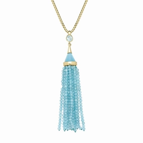 Yellow Gold Plated Sterling Silver Blue Topaz Round Cascade Tassel Necklace D