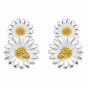 Yellow Gold Plated Sterling Silver Double Daisy Stud Earrings