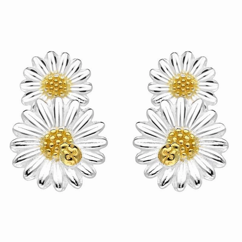 Yellow Gold Plated Sterling Silver Double Daisy Stud Earrings