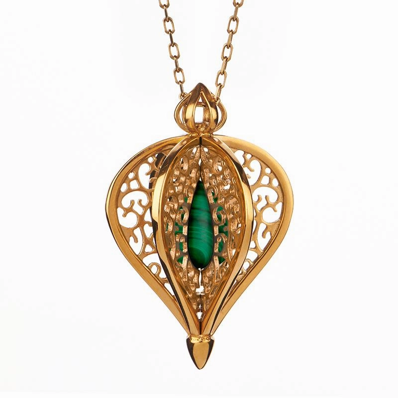 Yellow Gold Plated Sterling Silver Malachite Flore Filigree Small Necklace