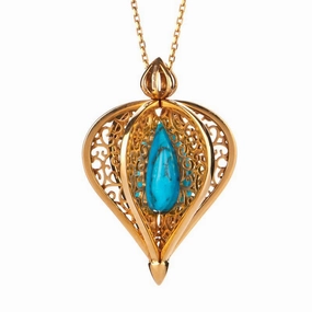 Yellow Gold Plated Sterling Silver Turquoise Flore Filigree Droplet Necklace