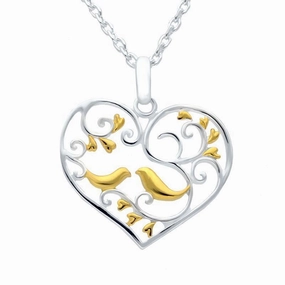 Yellow Gold Sterling Silver Plated Bird and Vine Open Heart Necklace